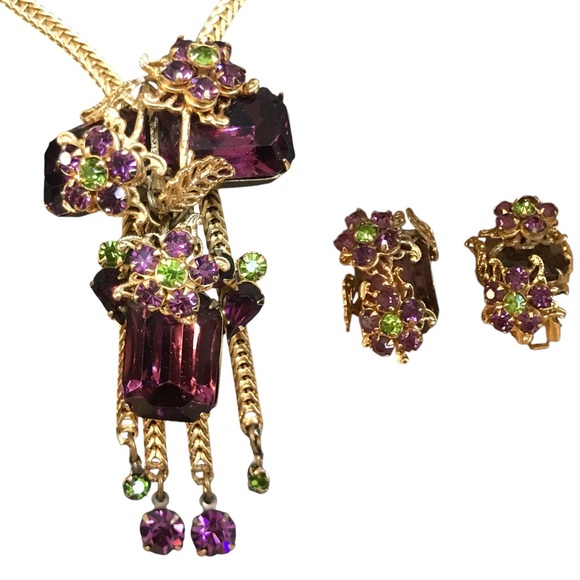 Vintage Jewelry - Rare Vintage Alice CAVINESS Purple Art Glass Rhinestone Tassel Designer Set